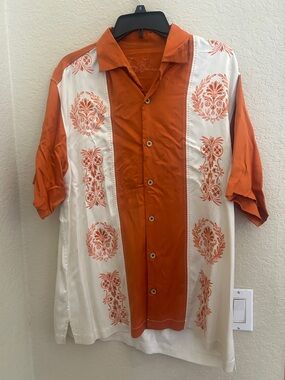 Tommy Bahama Orange and White Printed Camp Shirt